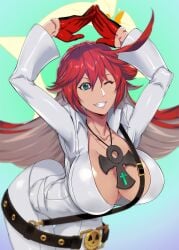 ankh ankh_necklace arms_above_head belt big_ass big_breasts big_butt blue_eyes breasts cleavage closed_eye female gloves guilty_gear guilty_gear_strive ippo ippoxbox jack-o'_valentine leaning_forward necklace one_eye_closed open_mouth red_hair tan_skin thick_thighs white_clothing