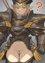 ? armor ass_visible_through_thighs black_armor black_thighhighs blonde_hair blue_eyes breastplate brown_pubic_hair censored closed_mouth elf eyelashes female female_pubic_hair functionally_nude gauntlets greaves grey_background grey_pupils hamama2 helmet highres knight long_eyelashes looking_at_viewer mosaic_censoring navel no_panties nopan original outline pauldrons pointy_ears pubic_hair pussy revealing_clothes short_hair shoulder_armor simple_background skindentation solo sword sword_on_back thigh_gap thighhighs vambraces weapon weapon_on_back white_outline