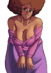 1girls afro bare_shoulders big_breasts breasts cleavage clothing dark_skin dragon_ball dragon_ball_super dragon_ball_super_super_hero dragon_ball_z grey_eyes janet_(dragon_ball) long_skirt looking_at_viewer shirt simple_background skirt smile solo teacher teegakenju white_background