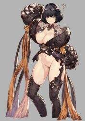 ? arm_behind_head arm_up armor black_armor black_hair black_ribbon black_thighhighs bob_cut bow bright_pupils brown_eyes closed_mouth commission female final_fantasy final_fantasy_brave_exvius grey_background hamama2 hatching_(texture) highres lu'cia navel orange_bow orange_ribbon pussy ribbon short_hair simple_background skeb_commission skindentation sleeves_past_wrists smile solo thighhighs war_of_the_visions:_final_fantasy_brave_exvius white_pupils