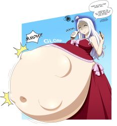 1girls after_vore annoyed big_belly big_breasts cleavage digestion digestion_noises english_text fairy_tail female female_focus huge_belly implied_vore long_hair mirajane_strauss molotco muffled notebook pencil post_vore ribbon same_size_vore skirt smiling stomach_bulge tagme unknown_character vore white_hair