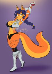 anthro big_ass big_breasts blue_hair boots carmelita_fox cleavage cowgirl_outfit ear_piercing earrings fox lipstick orange_fur sly_cooper_(series) smooth_fur solo sony_corporation sony_interactive_entertainment sucker_punch_productions wayesh