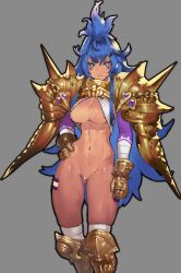 abs areola_slip armor ass_visible_through_thighs bandaged_arm bandages bar_censor black_outline blue_eyes blue_hair bracelet bright_pupils censored closed_mouth commission eyelashes female final_fantasy final_fantasy_brave_exvius frown gem gold_armor gradient gradient_hair greaves grey_background grey_thighhighs hair_between_eyes hamama2 hand_on_hip highres jewelry leg_tattoo long_eyelashes long_hair looking_at_viewer multicolored_hair navel oldoa outer_glow outline pauldrons pink_hair purple_gemstone pussy shoulder_armor simple_background skeb_commission skindentation solo spiked_bracelet spikes tattoo thighhighs very_long_hair war_of_the_visions:_final_fantasy_brave_exvius white_pupils