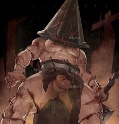 1boy alternate_version_available apron apron_aside armed barbed_wire big_pecs blood blood_stain caiothevici chinese_text creepy dead_by_daylight erection helmet horror humanoid konami low-angle_view male male_only melee_weapon muscular muscular_male muscular_thighs nightmare_husbando pecs pelvic_curtain penis personification precum precum_drip pyramid_head side_slit silent_hill solo solo_focus thick_thighs toned topless topless_male uncensored veiny_penis video_game_character waist_apron weapon