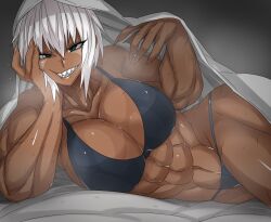 1girls abs blue_eyes bra breasts dark_skin facial_markings in_bed inviting_under_covers laying_on_bed looking_at_viewer muscles muscular muscular_female panties shark_teeth sharp_teeth short_hair solo_female solo_focus sweat tagme thick_thighs tomboy white_hair zinga_(zokusuke) zokusuke