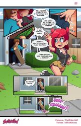 1girls blue_eyes comic english_text female nera_(the_other_half) page_2 patreon_username red_hair scrawled shorts speech_bubble tagme text the_other_half twitter_username