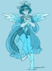 2019 angel anthro biped blue_theme canid canine caninelove clothed clothing digital_media_(artwork) dress ear_piercing feathered_wings feathers femboy full-length_portrait furry genitals girly hair halo hands_together hi_res male mammal monochrome penis piercing portrait simple_background solo standing translucent translucent_clothing translucent_dress wings