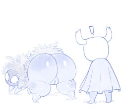 ambiguous_gender anthro arthropod ass big_butt cloak clothing creamygravy duo exclamation_point female feral genitals hollow_knight huge_butt monochrome mosscreep mosskin_tribe protagonist_(hollow_knight) pussy team_cherry thick_thighs vessel_(species) video_games