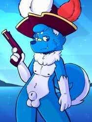 animal_genitalia anthro balls band-aid_on_nose blue_body blue_eyes blue_fur canid canine canis fangs fur genitals gun hi_res holding_object looking_at_viewer male mammal nude pinup pirate pirate_hat pose ranged_weapon sextember sheath smile smiling_at_viewer solo weapon wolf wolfyzeeb young zeeb_wolfy