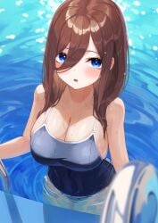 1girls absurdres bangs blue_eyes blue_one-piece_swimsuit blush breasts brown_hair cleavage commentary_request female go-toubun_no_hanayome hair_between_eyes highres hiyoku large_breasts long_hair nakano_miku one-piece_swimsuit outdoors parted_lips partially_submerged pool_ladder sidelocks solo swimsuit water wet