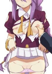 braid breast_grab breasts censored clothes_lift exposed_breasts exposed_pussy femsub grabbing groping groping_breasts head_out_of_frame highres large_breasts long_hair maledom melty_blood morisobo mosaic_censoring no_bra panties panty_pull purple_hair pussy school_uniform sion_eltnam_atlasia skirt skirt_lift thighs torn_clothes tsukihime type-moon underwear white_skirt