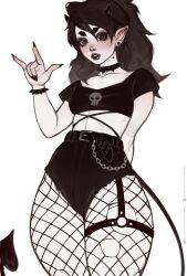 1girls \m/ absurd_res black_fingernails black_hair black_lipstick blush clothing demon_girl demon_horns demon_tail fishnet_pantyhose fishnets gigi_(sasha_khmel) goth heavy_blush horns long_hair pointy_ears sasha_khmel sharp_fingernails sketch small_breasts solo spiked_bracelet spiked_collar tail thick_eyebrows white_background wide_hips