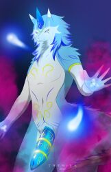 anthro blue_body dragon elemental_manipulation fire fire_manipulation genitals glowing glowing_eyes hi_res looking_at_viewer magic male markings penis smoke solo treniea