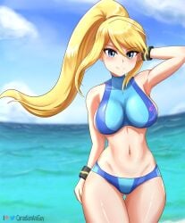 1girls ass_visible_through_thighs beach bikini blonde_hair blue_eyes blush bracelet canadiananiguy clouds female hairband large_breasts metroid ocean ponytail samus_aran sideboob sky solo toned_female zero_suit