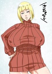 1girls almost_naked barely_clothed big_breasts blonde_hair blue_eyes blunt_bangs bob_cut breasts_apart erect_nipples erect_nipples_under_clothes female female_only huge_breasts large_breasts long_hair looking_at_viewer mature mature_female mature_woman mostly_nude naruto naruto_(series) naruto_shippuden no_bra samui shounen_jump solo solo_focus sunahara_wataru sweater sweater_only turtleneck turtleneck_sweater voluptuous