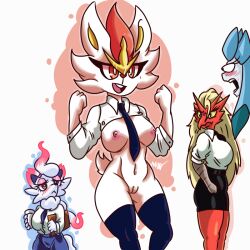 anthro blaziken breasts cinderace eeveelution exhibitionism female generation_3_pokemon generation_4_pokemon generation_5_pokemon generation_8_pokemon genitals glaceon nintendo office office_lady omegamax pokemon pokemon_(species) pussy solo video_games zorua