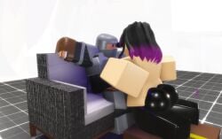 1boy 1girls 3d artist_request big_breasts criminality eyepiece lizzy paizuri purple_hair roblox robloxian slayer_kit source_request tagme titjob