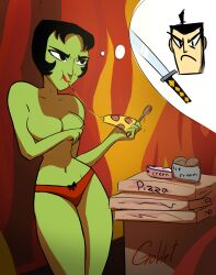 1boy 1girls aku big_breasts bow_panties breasts cartoon_network eating female gohet ikra light-skinned_female light-skinned_male mtf_crossgender mtf_transformation panties pizza rule_63 samurai_jack samurai_jack_(character) thick_thighs topless wide_hips