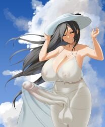 1futa areola areolae balls big_balls black_hair breasts clothed clothing clouds dress erection erection_under_clothes fujidmc12 fully_clothed futa_only futanari hasshaku-sama hat huge_breasts huge_cock human japanese_mythology light-skinned_futanari light_skin long_hair nipples nipples_visible_through_clothing outdoors outside penis see-through solo solo_futa standing tenting translucent_clothing white_dress white_hat