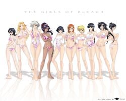 10girls 6+girls ass ass_cleavage barefoot big_breasts bikini bikini_bottom_only black_hair bleach blonde_hair breast_size_difference butt_crack covering covering_breasts dark-skinned_female feet female female_only front_view full_body grey_hair group happy height_difference human human_only inoue_orihime ise_nanao kagami kotetsu_isane kotetsu_kiyone kuchiki_rukia kukaku_shiba kurotsuchi_nemu light-skinned_female lineup long_hair looking_at_viewer matsumoto_rangiku multiple_girls one_eye_closed open_mouth pose posing rear_view red_hair reflection reflective_floor shihouin_yoruichi short_hair short_hairt side_view signature size_difference small_breasts smile soifon standing swimsuit swimwear take_your_pick taller_girl teeth tied_hair topless topless_female violet_hair white_clothing zelse