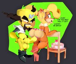 activision anthro ass balls big_penis cake chair coco_bandicoot crabtopus crash_(series) doctor_neo_cortex duo female fur furniture genitals huge_cock human male male/female mammal neo_cortex penis protagonistsub_antagonistdom pussy sex text video_games