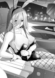 animal_ears bangs bare_shoulders between_breasts blush breasts car cityscape cleavage closed_mouth collarbone embarrassed fake_animal_ears female fishnet_pantyhose fishnets go-toubun_no_hanayome greyscale ground_vehicle hair_between_eyes highres huge_breasts jewelry kosmos_beta large_breasts leotard long_hair looking_at_viewer mole mole_on_breast monochrome motor_vehicle nakano_miku necklace night pantyhose playboy_bunny rabbit_ears revealing_clothes shy sitting skindentation smile solo strapless strapless_leotard thick_thighs thighs vehicle vehicle_interior wrist_cuffs