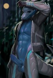 anthro blue_body dragon erection guppic hi_res male raining solo