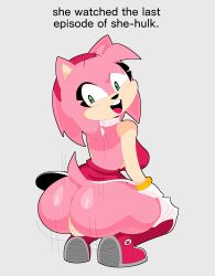 1girls amy_rose anthro ass clothed clothing english_text female female_only fur furry furry_only horaco looking_back meme no_panties pussy solo sonic_(series) tail text thehoraco twerking