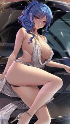 1girls areola_slip ass azur_lane bag bare_shoulders black_panties blue_hair blue_nails bracelet breasts car cleavage dress earrings eyebrows eyebrows_visible_through_hair female gbvpg ground_vehicle hairclip halter_dress halterneck handbag hi_res high_heels jewelry large_breasts legs looking_at_viewer lying lying_on_car lying_on_side motor_vehicle nail_polish necklace panties plunging_neckline purple_eyes revealing_clothes shiny shiny_clothes shiny_dress side_ponytail silver_dress silver_footwear smooth_skin solo solo_female solo_focus st._louis_(azur_lane) st._louis_(luxurious_wheels)_(azur_lane) thighs underwear アイオエール