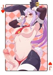 1futa animal_ears armpits arms_up big_breasts big_penis black_gloves blush breasts brown_sleeves bunny_ears bunny_girl card checkered_background closed_mouth clothed clothing crotchless_panties decensored detached_sleeves erection fake_animal_ears fake_tail functionally_nude futa_only futanari gloves hair_between_eyes highres horny human kujya large_breasts light-skinned_futanari light_skin long_hair looking_at_viewer meme_attire navel necktie nipples no_bra original panties partially_clothed pattern_background penis playing_card poker_cards ponytail purple_hair rabbit_ears rabbit_tail red_eyes red_necktie red_panties reverse_bunnysuit reverse_outfit simple_background smiling solo standing tail testicles thighhighs tie uncensored underwear veiny_penis white_background