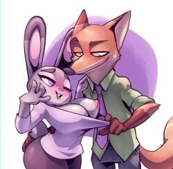 2022 anthro anthro_on_anthro areola big_breasts bigdad blush blushing breasts bunny_ears bunny_girl canid canine cleavage clothed clothing darnact disney duo exposing_breasts female fox fox_boy judy_hopps lagomorph large_breasts leporid male male/female mammal necktie nick_wilde nipples one_eye_closed open_mouth open_smile pink_areola pink_nipples polka_dot_background purple_background purple_eyes rabbit rabbit_ears rabbit_humanoid simple_background smile white_background wide_hips wink zootopia