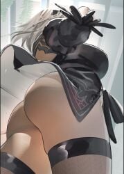 1girls 7th_knights ass ass_focus big_ass big_breasts breasts clothing dat_ass female female_only hair huge_ass large_ass legwear nanaken_nana nier nier:_automata round_ass sideboob solo solo_female thick_thighs thighhighs thighs white_hair yorha_2b