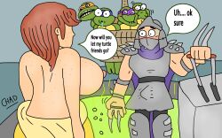 april_o'neil april_o'neil_(tmnt_1987) big_breasts breasts donatello_(tmnt) female ginger_hair helmet jumpsuit leonardo_(tmnt) male michelangelo_(tmnt) raphael_(tmnt) reptile supervillain teenage_mutant_ninja_turtles the_shredder topless turtle