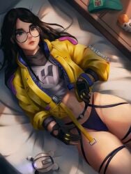 bed crop_top cute female flowing_hair glasses gloves half_naked killjoy_(valorant) neilmaala partially_fingerless_gloves solo thick_thighs thong top_view valorant yellow_jacket yellow_jacket_(clothing)