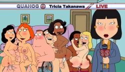 4boys 5girls anus asian asian_female ass black_hair blonde_hair blush bonnie_swanson brown_hair cleveland_brown couch cum cum_in_pussy dark-skinned_female dark-skinned_male dark_skin donna_tubbs family_guy glenn_quagmire ida_davis ida_quagmire interracial joe_swanson lois_griffin microphone multiple_penises nipples nude open_mouth orange_hair orgy peter_griffin red_lipstick swingers tagme tricia_takanawa wheelchair