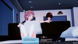 angry_expression blue_eyes brown_hair controller ddlc_text_box doki_doki_literature_club duo female gomgom koikatsu mc_(doki_doki_literature_club!) naked nude open_mouth orange_hair pillow sayori_(doki_doki_literature_club) text text_box