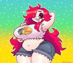 1girls big_breasts chubby chubby_female exposed_belly jean_shorts meme_clothing navel red_hair ripped_shirt short_shorts thick_thighs toon_michaela toxicsoul77 whore_eyes wide_hips