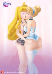 2girls ass aurora_(sleeping_beauty) big_ass blonde_hair butt_grab cinderella_(1950_film) cinderella_(disney) corset crossover disney disney_princess dress female female_only glamourpink kissing multiple_girls patreon princess royalty sleeping_beauty_(1959_film) stockings yuri