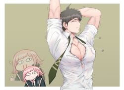 bloody_nose danganronpa danganronpa_2:_goodbye_despair gon_(congchuabuoito) hinata_hajime man_boobs nanami_chiaki straight_hair super_danganronpa_2 tie unbuttoned_shirt wardrobe_malfunction