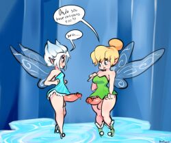 2futas annacrazytoivo balls big_penis blonde_hair bottomless clothed clothing dialogue disney disney_fairies duo english_text erection futa_only futanari humanoid humanoid_penis light-skinned_futanari light_skin mostly_clothed penis periwinkle_(disney_fairies) standing text tinker_bell white_hair wide_hips