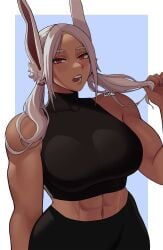 1girls abs big_breasts breasts bunny_ears crop_top dark-skinned_female dark_skin female fully_clothed gud0c miruko muscular muscular_female my_hero_academia rumi_usagiyama solo tagme twintails white_hair