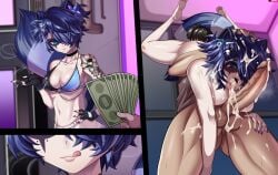 after_fellatio after_oral animal_ears bikini bikini_top_only blue_eyes blue_hair blush breasts cleavage comic cum cum_in_mouth cum_inside female fingerless_gloves gloves grabbing hair_ornament hair_over_one_eye hairclip highres holding holding_money indie_virtual_youtuber licking_lips light-skinned_male medium_breasts money navel oral penis prostitution punk raccoon_ears raccoon_girl raccoon_tail shiny shiny_hair shiny_skin short_hair smoking snuffy standing stevechopz straight swimsuit tail tattoo virtual_youtuber