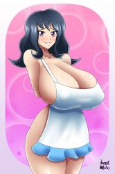 1girls apron azraelwebster big_breasts black_hair breasts female female_only huge_breasts long_hair looking_at_viewer naked_apron nude nude_female purple_eyes smile solo thick_thighs