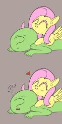 2_panel_comic anon blush closed_eyes duo equid equine exclamation_point female feral fluttershy_(mlp) friendship_is_magic futanari green_body hair happy_harvey heart herm hi_res human implied_futanari inner_ear_fluff intersex intersex/male lying lying_on_another male male/female mammal my_little_pony nude on_front pegasus phone_drawing pink_hair question_mark simple_background tuft wings yellow_body