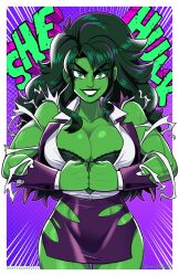 1girls big_breasts bra business_suit cleavage datskelebutt female female_only green_eyes green_hair green_skin hulk_(series) large_breasts marvel marvel_comics muscular muscular_female ripped_clothes she-hulk solo tagme