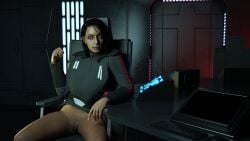 1girls 3d arm_up background belt black_clothing black_hair bottomless bottomless_female chair computer dark-skinned_female dark_room dark_skin drinkerofskies eyes female female_only fit_female front_view hair human human_only indoors inquisitor inquisitor_(star_wars) jedi:_fallen_order long_sleeves looking_at_viewer medium_hair no_panties office on_chair open_eyes partially_clothed pussy science_fiction second_sister shaved_pussy shirt sitting solo spread_legs star_wars table trilla_suduri vambraces