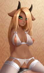 anthro areola arm_tuft artist_name black_clothing black_ears black_underwear blonde_hair bloominglynx bow_bra bow_panties bra brown_body brown_ears brown_fur brown_pussy clothed clothing duo ears_back female fur genitals glistening glistening_eyes green_eyes hair hands_behind_back ineffective_clothing legwear male narrowed_eyes navel nipples open_mouth panties pink_areola pink_nipples pivoted_ears pussy simple_background solo_focus tuft underwear white_bra white_clothing white_legwear white_panties white_underwear