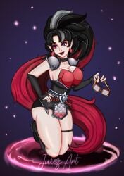 1girls adult alternate_costume ass big_ass big_breasts big_butt black_hair breasts edg_zoe heterochromia julezart large_breasts league_of_legends posing riot_games simple_background small_clothes standing zoe_(league_of_legends)