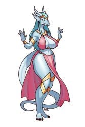 anthro big_breasts blazbaros blue_eyes blue_hair blue_skin breasts dragon dragon_tail female golden_bracelets horns long_hair pink_dress solo_female tagme thick_thighs tiara