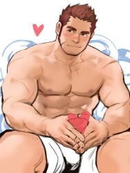 1boy abs blush blushing_at_viewer dopq gunzo_(tokyo_afterschool_summoners) heart heart_hands human human_only lifewonders looking_at_viewer male male_only muscular muscular_male nipples red_eyes red_hair shirtless smile smiling solo solo_male stubble tokyo_afterschool_summoners tokyo_houkago_summoners underwear white_background